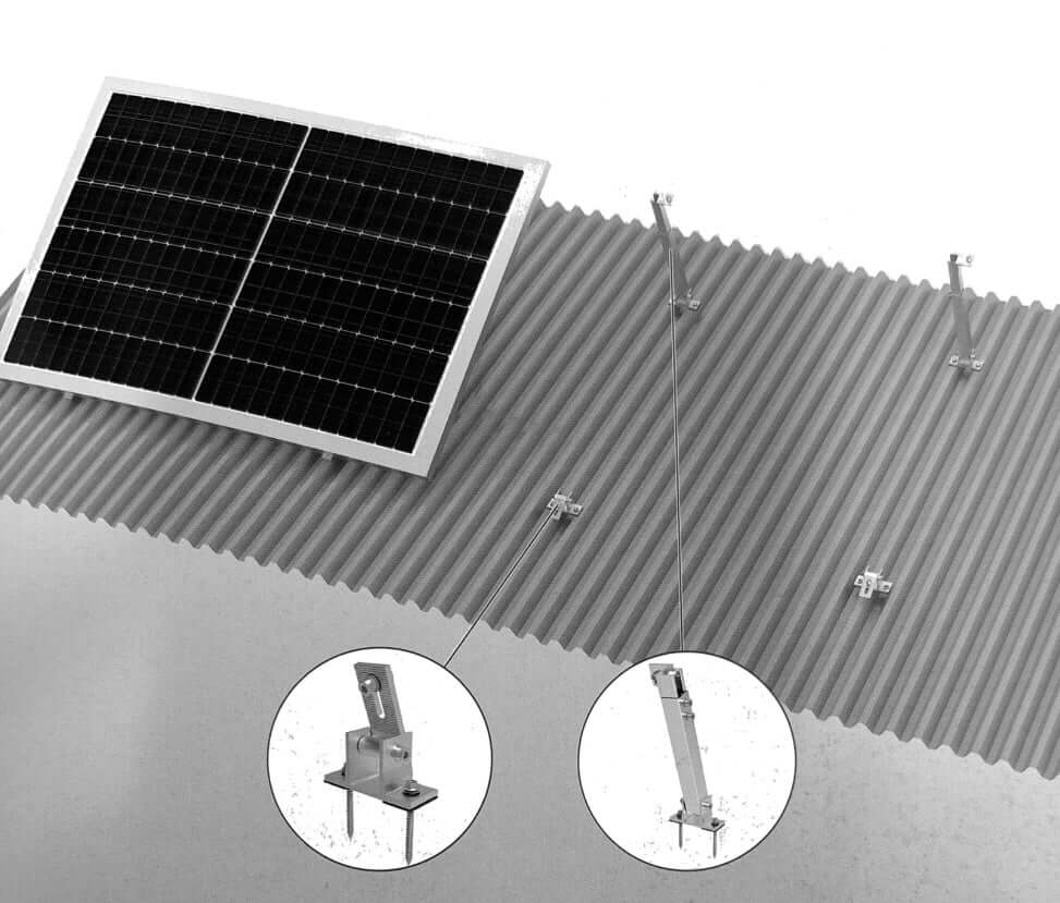 Système de fixation pour panneau solaire sur un toit en bac acier sans rail, avec détails des attaches et supports de montage.