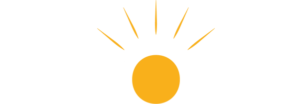 Logo LX Solar avec lettres blanches, soleil jaune