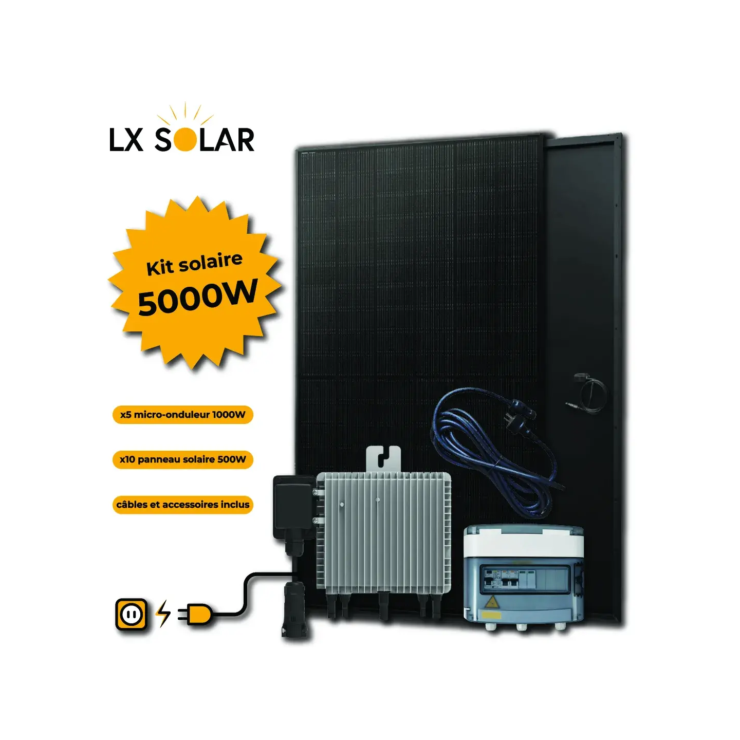 Kit 5000W - 10 panneaux 500W + Micro onduleur + câble + coffret