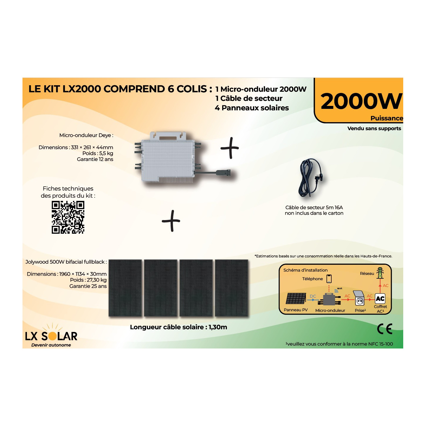 Kit 2000W - 4 panneaux 500W + Micro onduleur + câble
