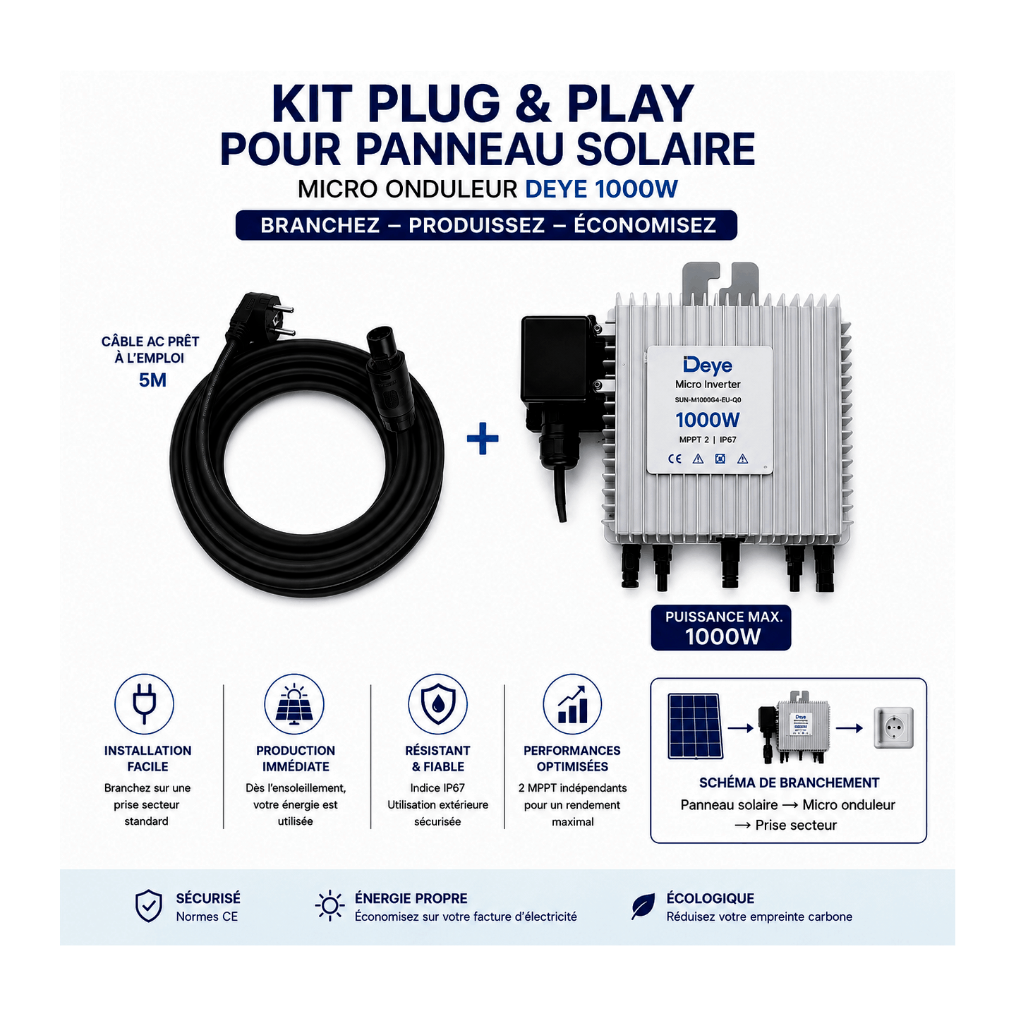 Onduleur 1000W (Kit LX1000) Deye avec câble