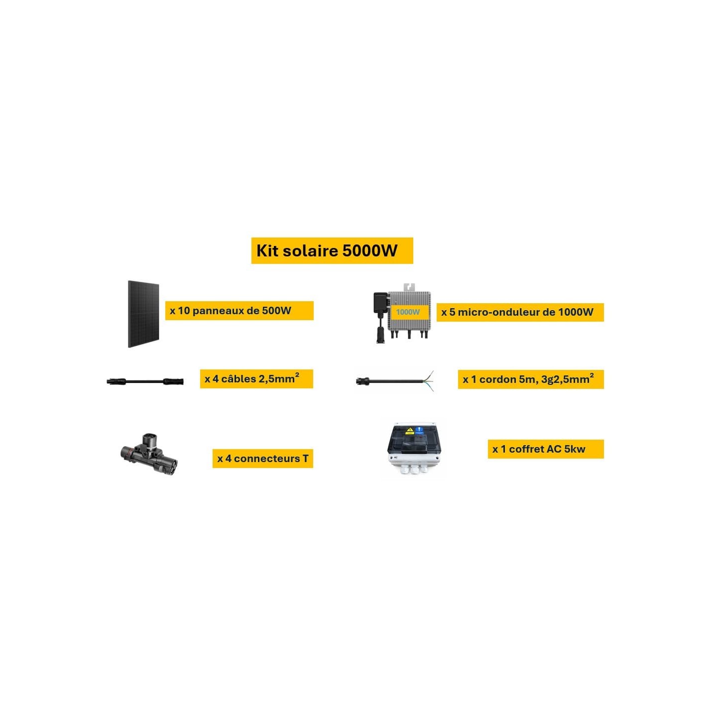 Kit 5000W - 10 panneaux 500W + Micro onduleur + câble + coffret